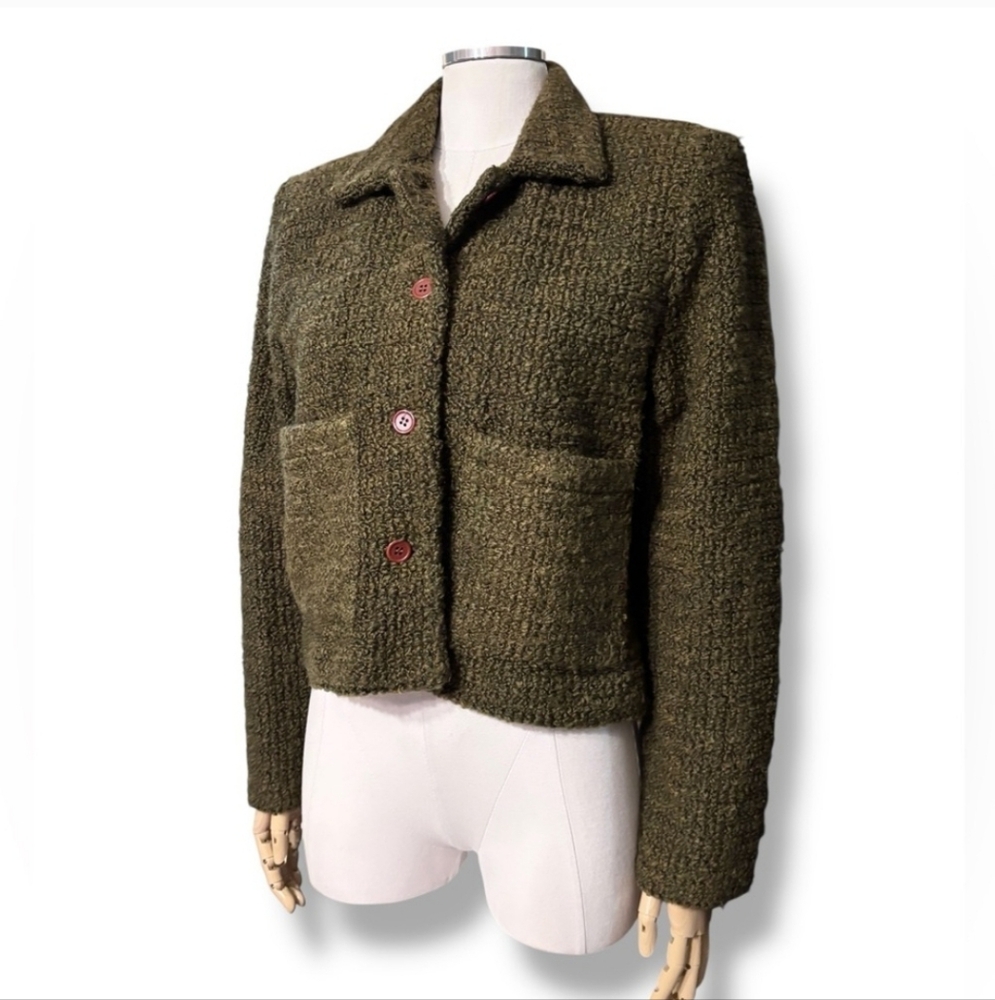HERMAN GEIST Green Bouclé Wool Blend Cropped Suit Jacket Blazer VINTAGE